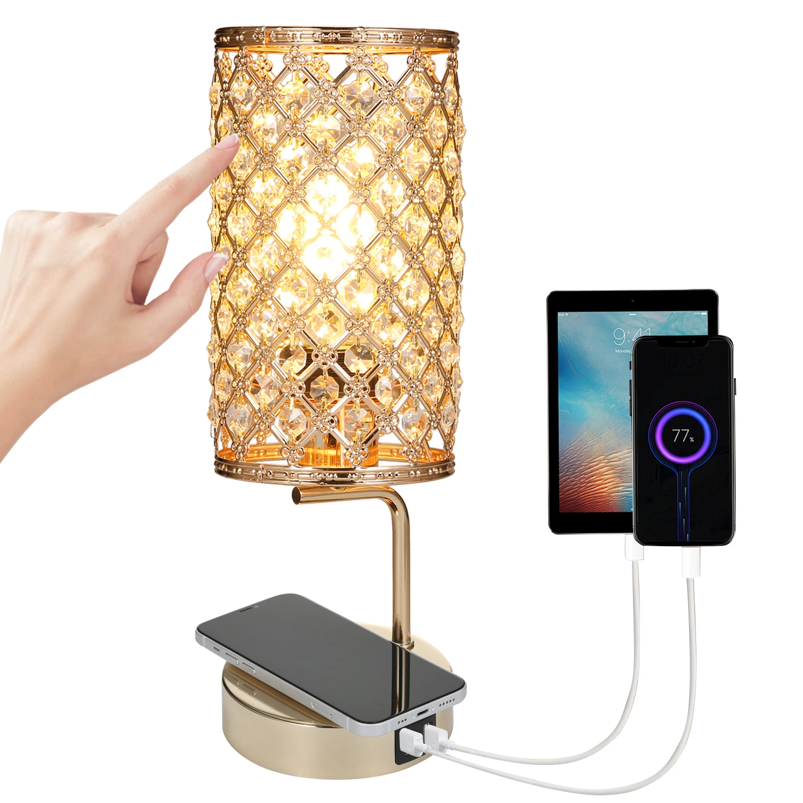 

Tomshine Хрустальная прикроватная настольная лампа, декоративная настольная лампа с двумя USB-портами, Современная Ночная подставка, лампа для спальни, гостиной