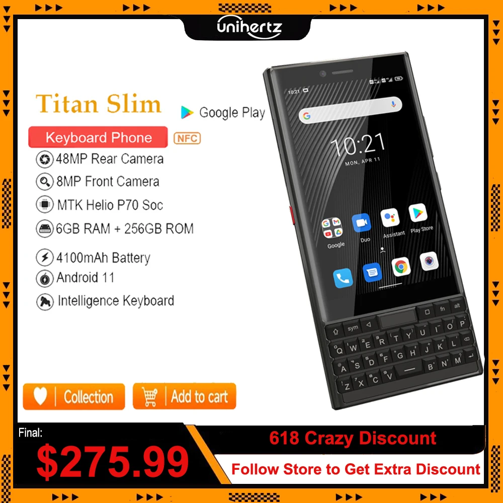 Unihertz TITAN SLIM 6GB 256GB Android Smartphone Qwerty Keyboard Touch Screen Cellphone 8MP 48MP NFC 4100mAh Mobile Phone