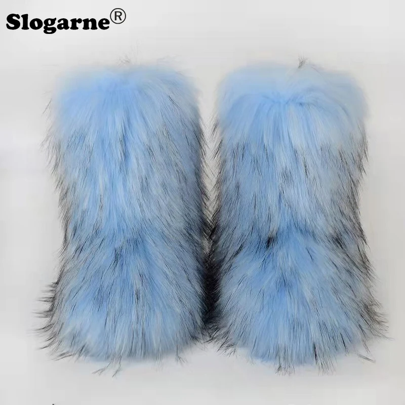 

2023 Women's Winter Faux Fox Fur Boots Woman Plush Warm Snow Boots Luxury Footwear Girls' Furry Fur Bottes Fashion Fluffy Shoes