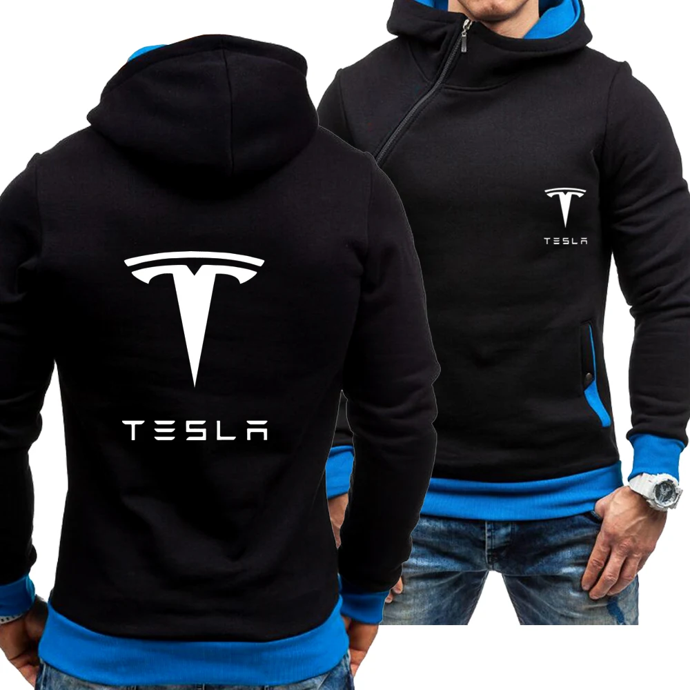

New Spring Autumn Men's Casual Tesla Car Logo Hoodie Skew Zipper Long Sleeve Fashion Zip Hoody Sweatshirt Jacket 4 Colors