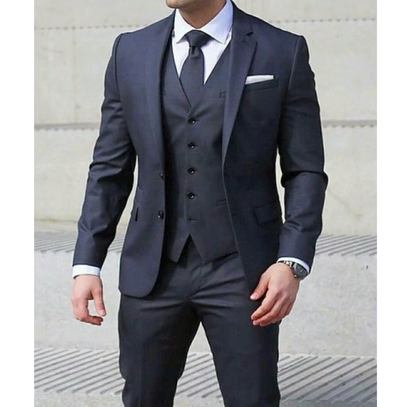 

Navy Formal Men Suits for Wedding 3 Piece Male Set Jacket with Pants Vest Notched Lapel New Male Fashion Clothing