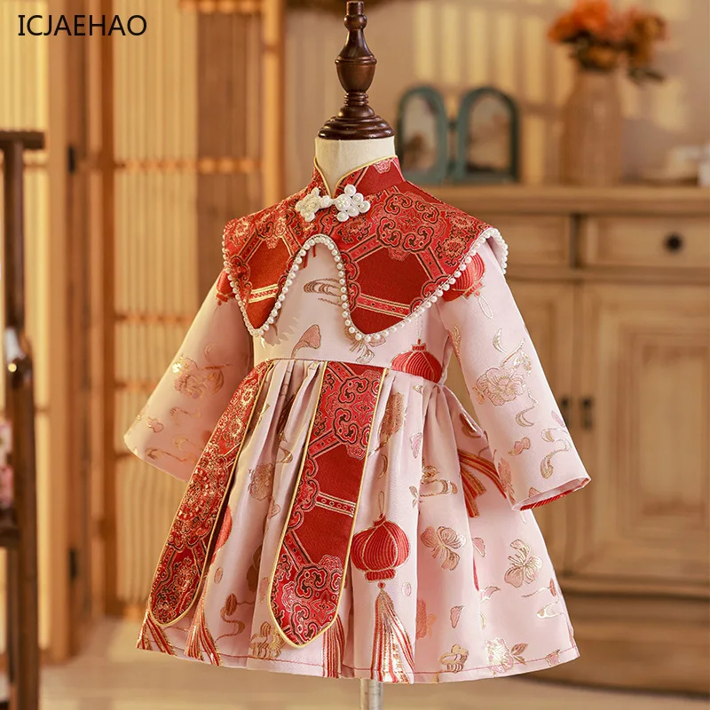 Фото ICJAEHAO китайское платье для маленьких девочек, детское платье Cheongsam на день рождения, платье Тан для девочек, новогоднее поздравительное платье, национальное платье с длинными рукавами №3