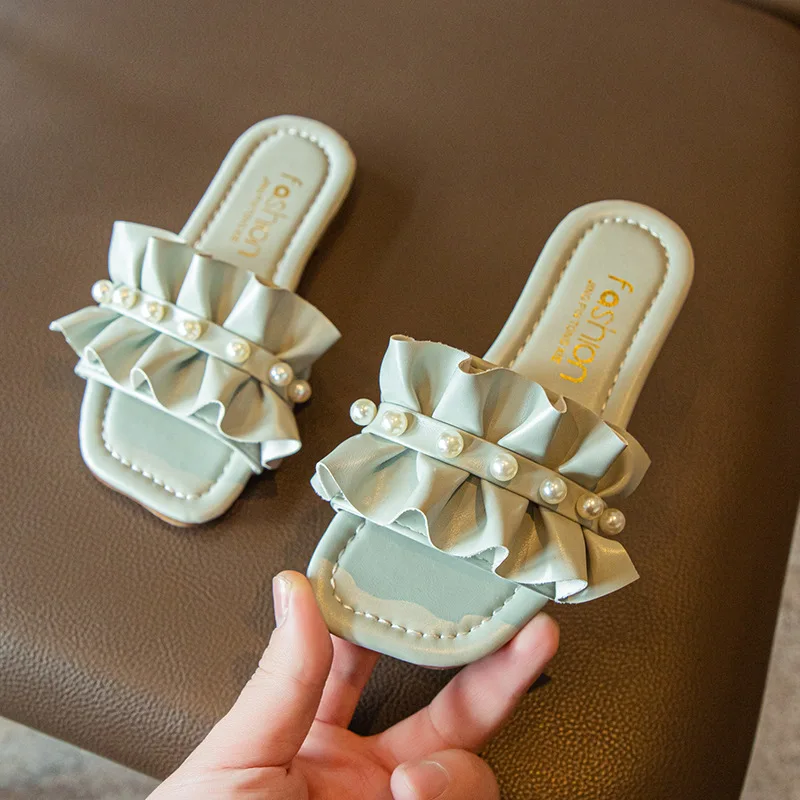 

2022 Girl Summer Slippers Pearl Lace Inlaid Flat Shoes for Kids Teenager Girl Casual Slip-on Beach Shoes Children Girl Slipper