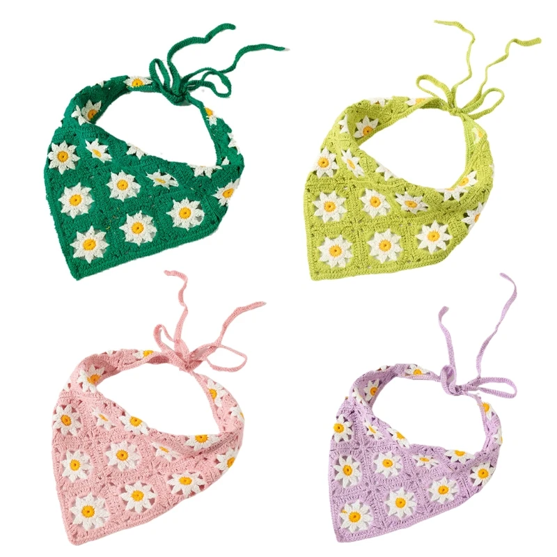 

Вязаная крючком Бандана с цветочным рисунком вязаный платок с завязкой сзади головная повязка эластичный треугольный тюрбан для девочек м...