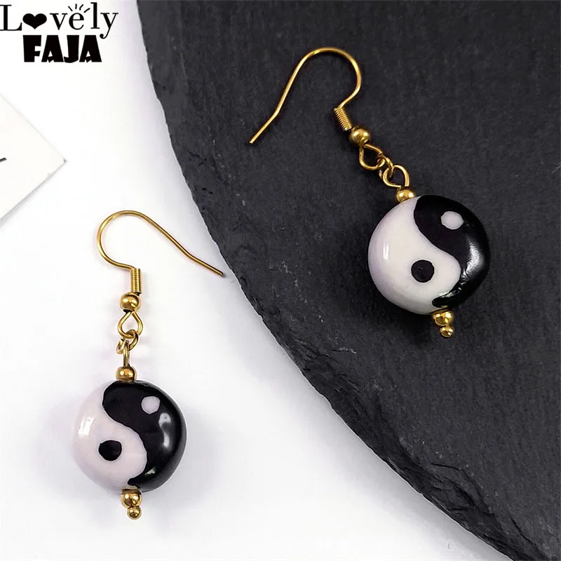 

Fashion Cute Yin Yang Tai Chi Women Dangle Earrings Korean Style Stainless Steel Ceramic Drop Earring Wholesale Jewelry Gifts