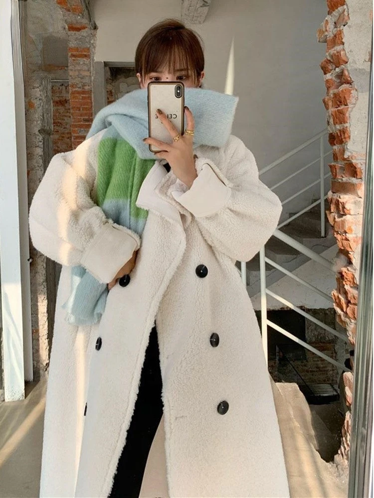2022 Winter Women Wool Fur Coats Lady Elegant Double Breasted Warm Shearling Coats Female Korean Faux Lamb Fur Outwears