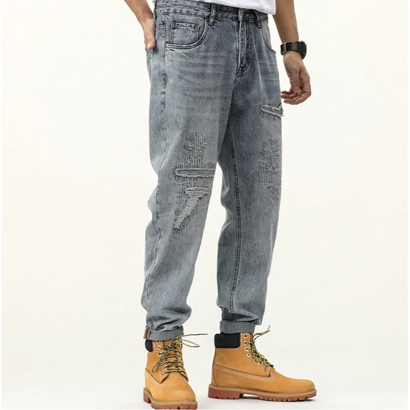 Men Clothing New Pattern Broken Patch Recreational Vintage Blue Jeans Straight Cylinder Large Loose Haren Pants Autumn Female