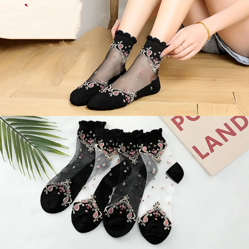 

Women Floral Stockings Fashion Lace Ruffle Soft Silk Socks Elastic Mesh Knit Frill Trim Transparent Mid Tube Sexy Fishnet Socks