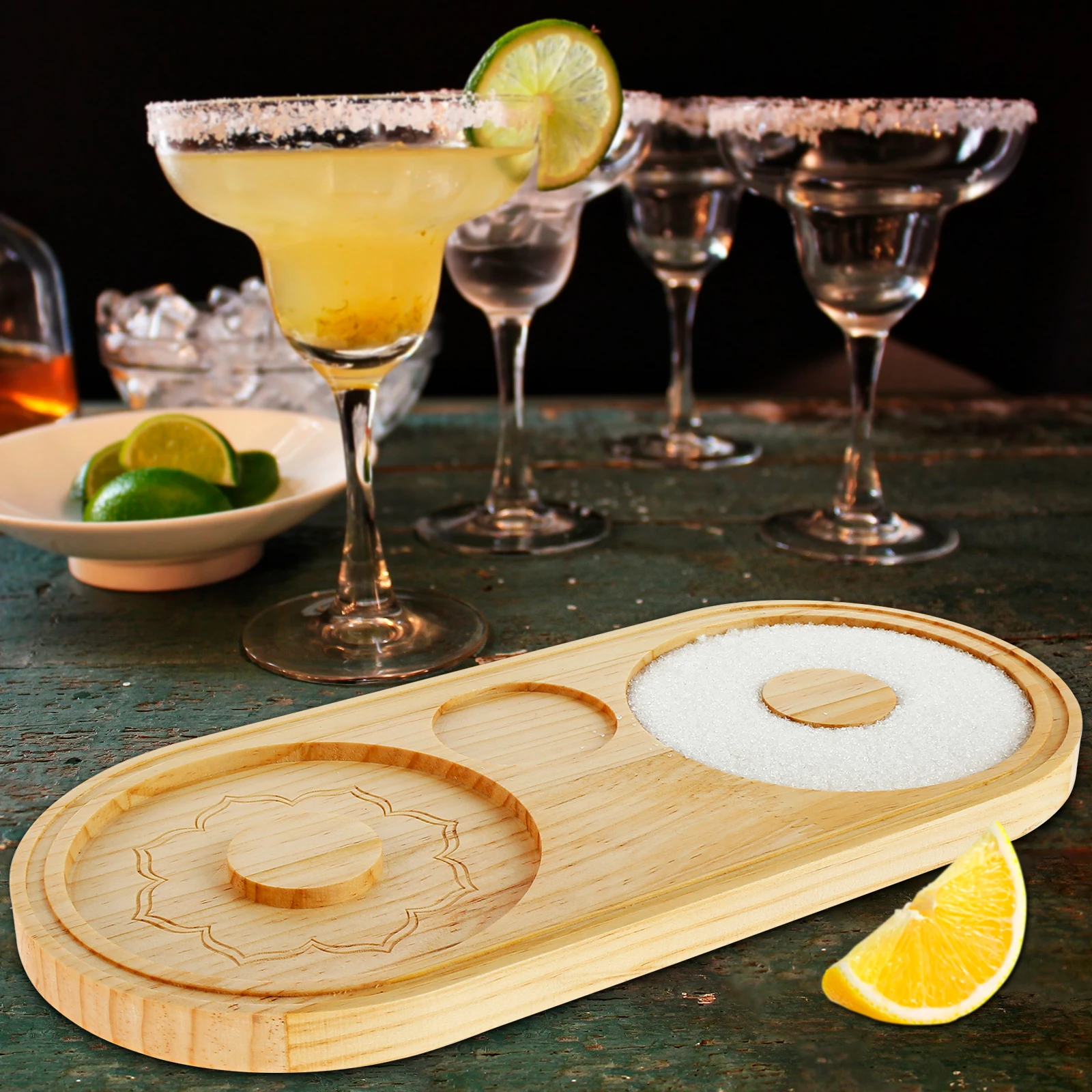 

Margarita Salt Rimmer Reusable Bamboo Sugar Salt Rimmer with Double Plate Bar Glass Rimmer Salt Box Spice Container Bartender