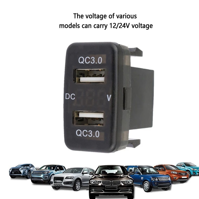 Фото Автомобильное зарядное устройство A54K с двумя портами USB 3.0, быстрой зарядкой и дисплеем-вольтметром, черное, для Toyota №3