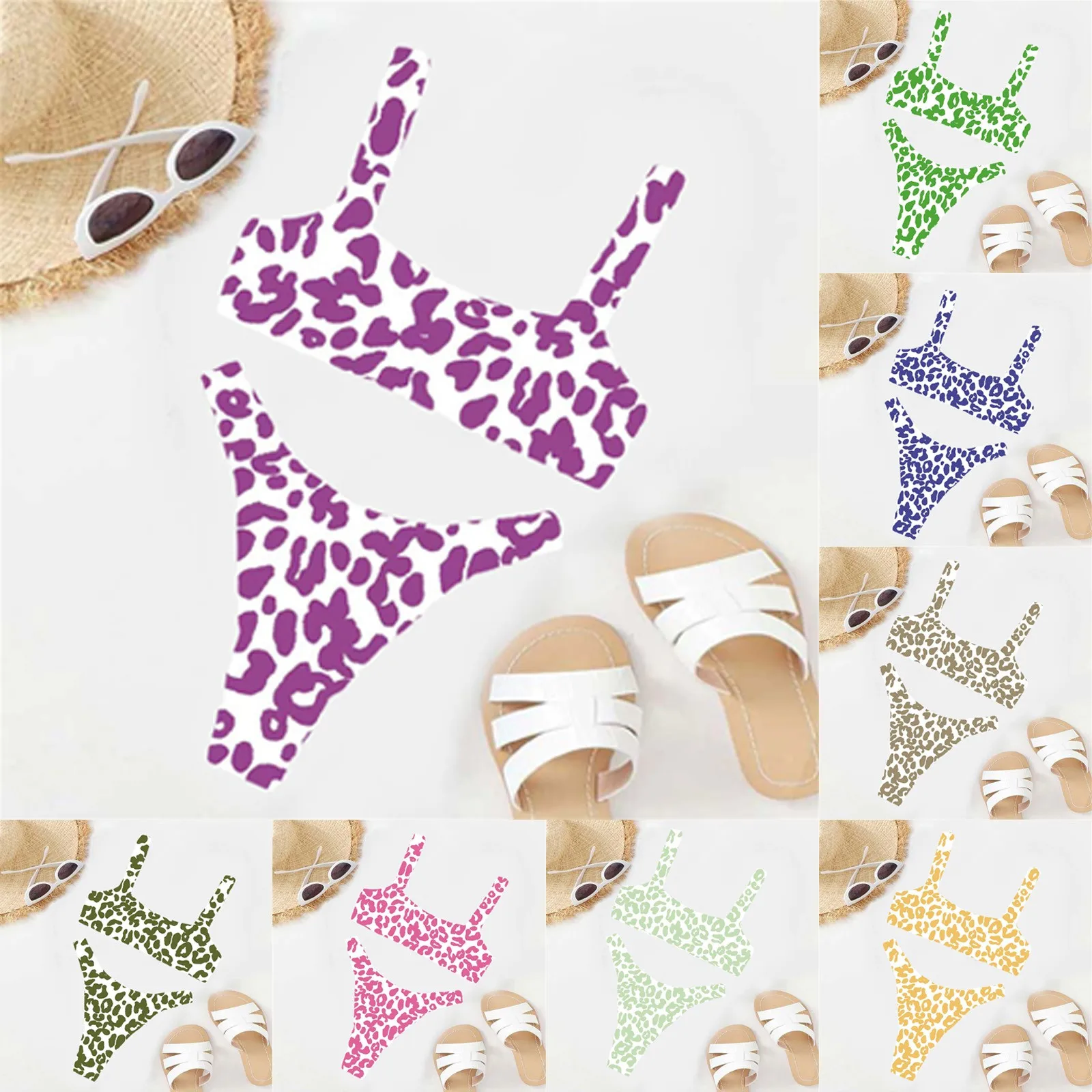 

Купальник с бюстгальтером и чашками, Раздельный купальник разных цветов с высокой талией и леопардовым принтом, пикантный пляжный купальни...