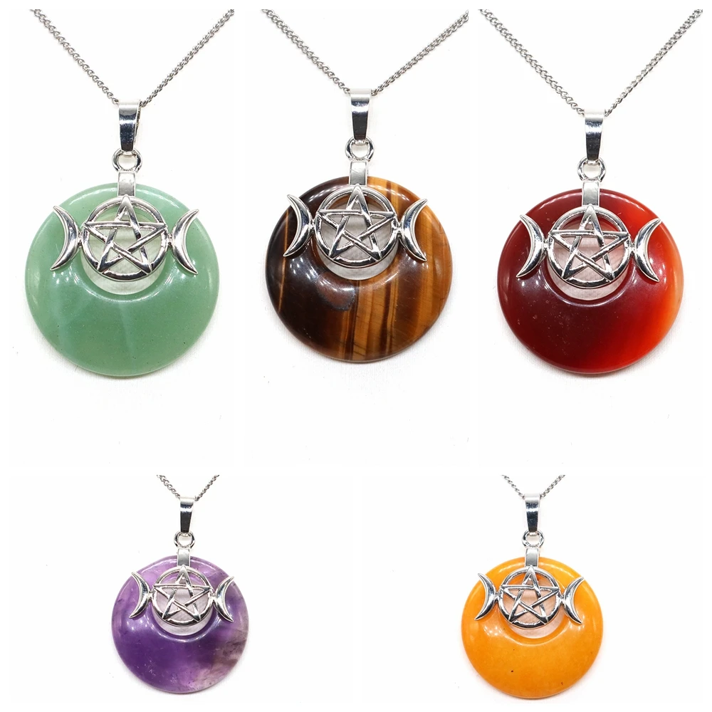 

Triple Moon Natural Stones Pendant for Necklace Round Reiki Healing Crystal Amethyst Circle Charm DIY Jewelry Gift for Women Men