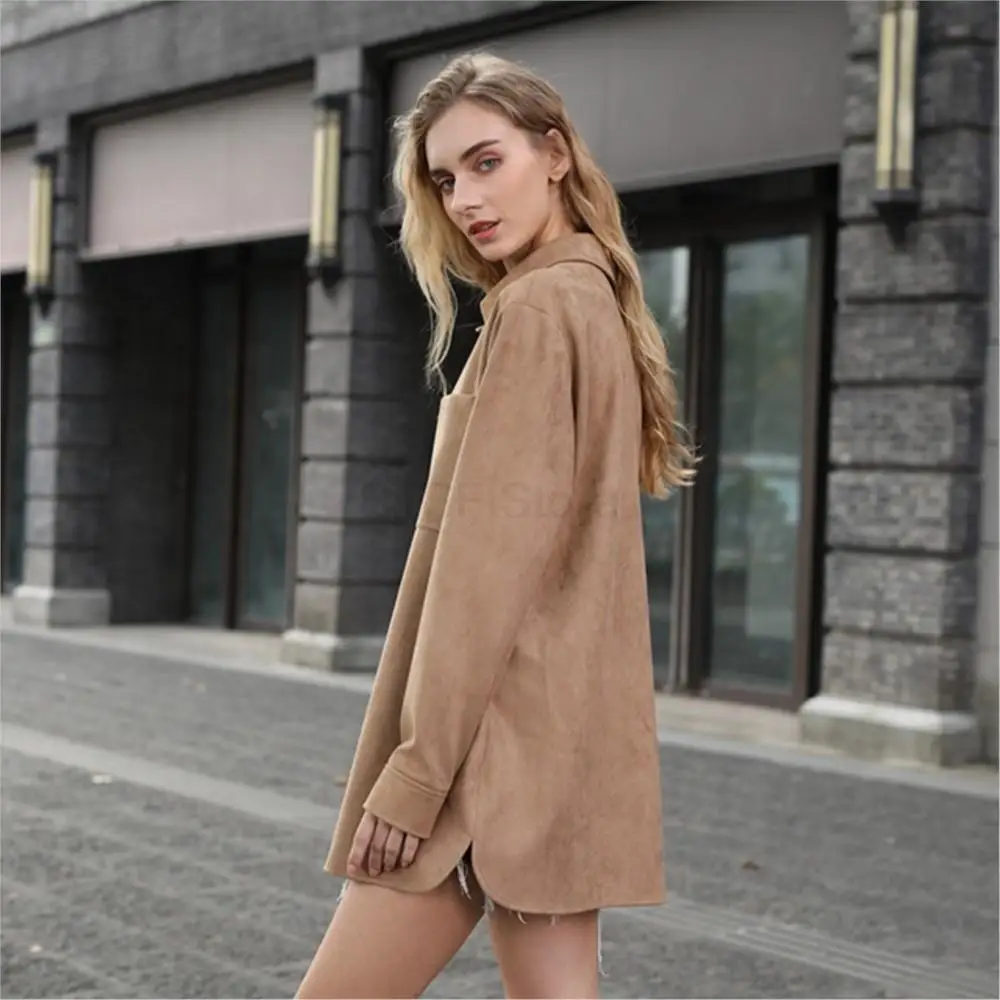 Fashion Woman Blouses 2022 Mid Length Real Suede Simple Pure Color Leisure Jacket Spring Autumn Lapel Women's Elegant Coat
