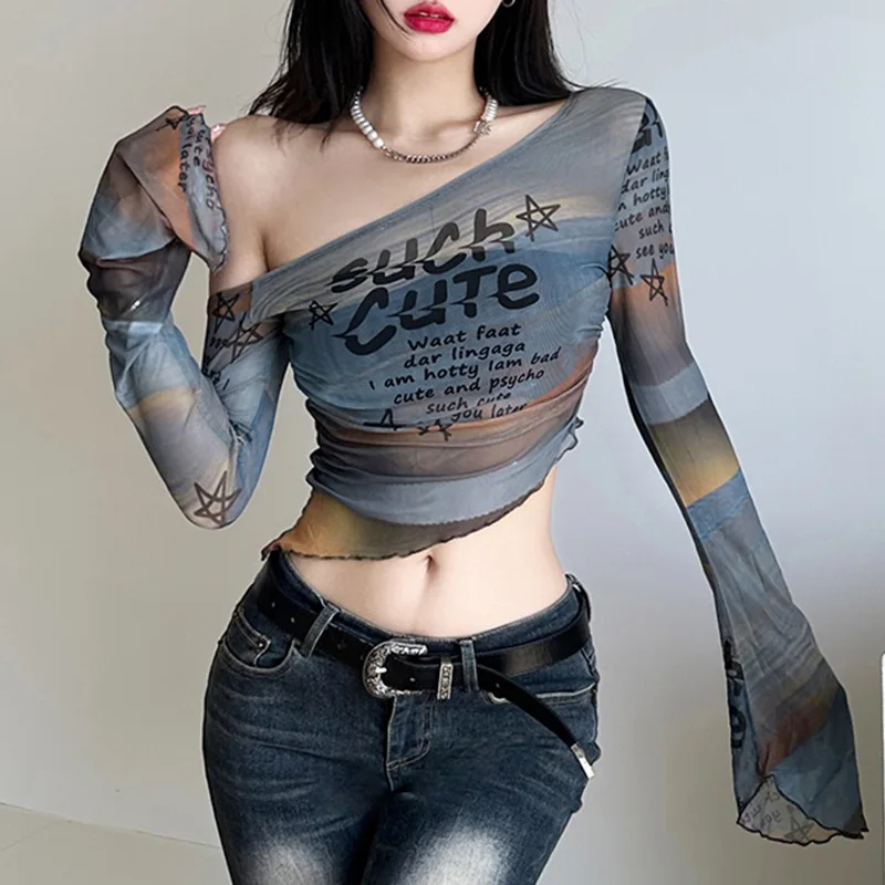 

Y2k Vintage Tie Dye Letter Print Mesh Irregular Crop Top Skew Collar Long Flare Sleeve Slim T-shirt Women Pullovers Streetwear