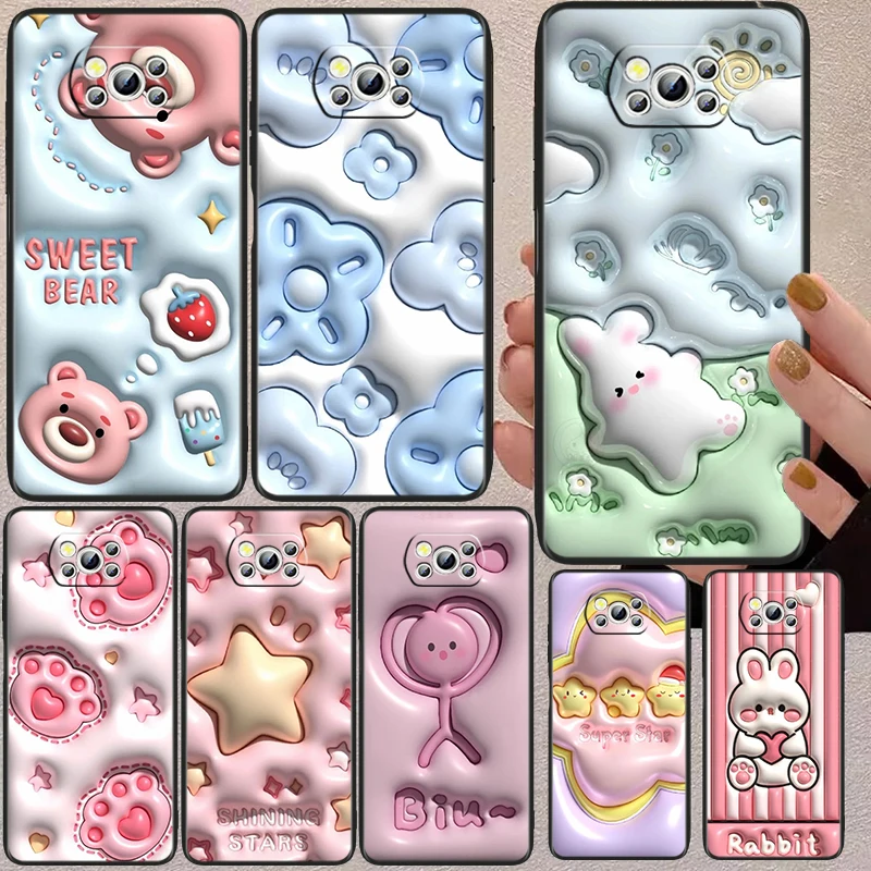 

Nonstereoscopic 3D Vision Cute Rabbit Black Phone Case For Xiaomi Mi Poco X5 X3 Pro X4 F4 F3 GT M5 M5s M4 M3 C55 C50 C40 5G