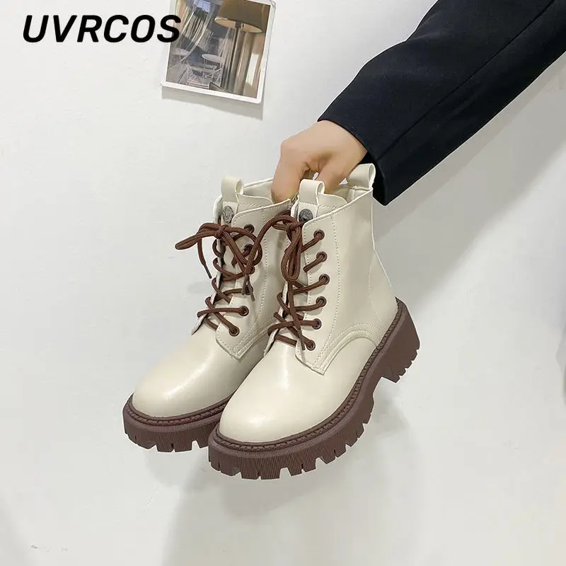 Thick-soled Single Boots Short Women British Style Fleece Fashion Lace-up Solid Color Low-heeled Short-tube New