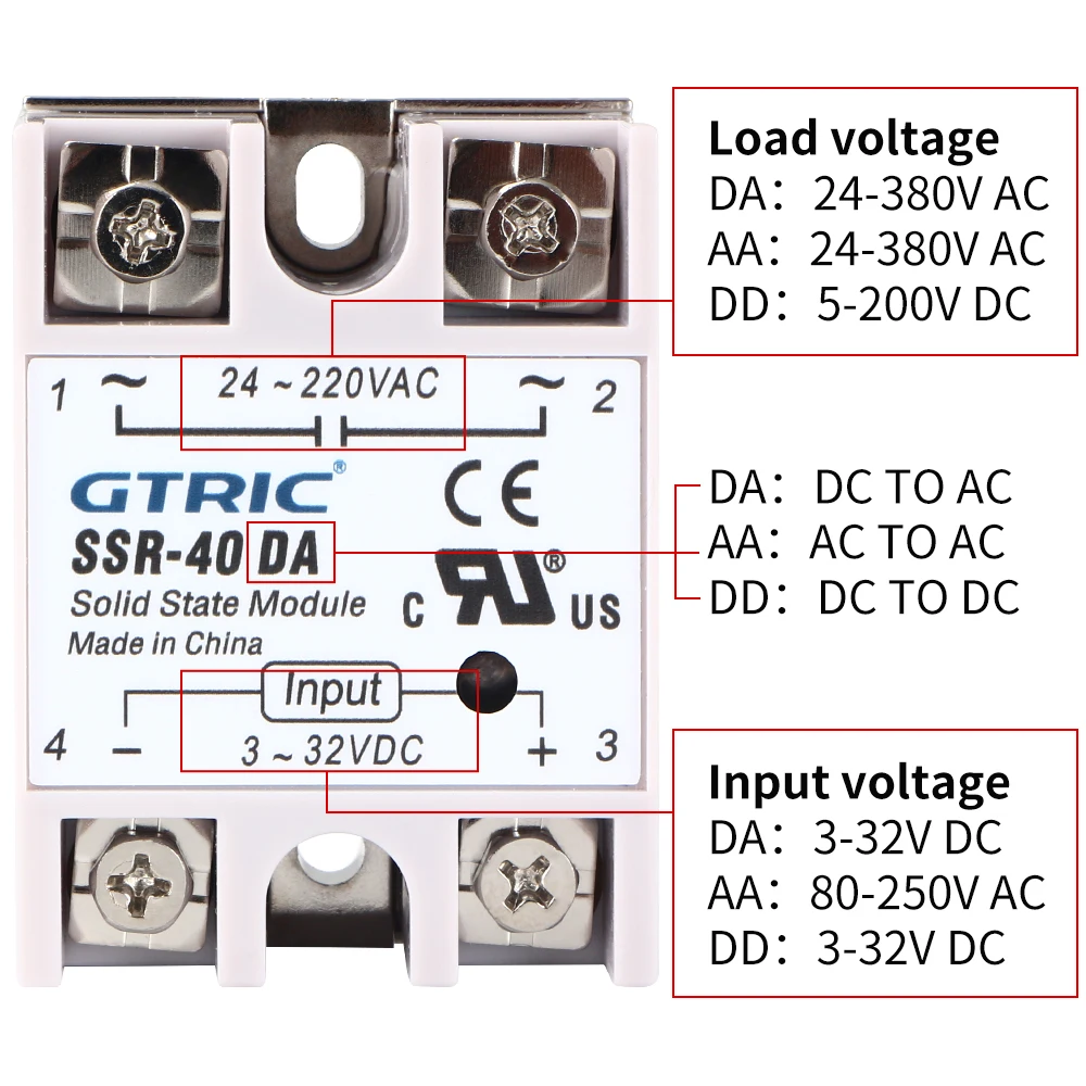 Фото Твердотельное реле GTRIC SSR-25DA SSR-40DA SSR-80DA, вход DC-AC/AC-AC 3-32В DC, выход 24-480В AC, однофазный релейный модуль №3
