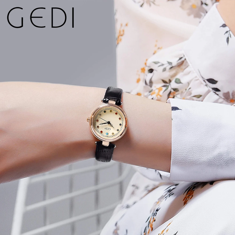 GEDI Elegant Women Watches Leather Strap Color Diamond Scale Waterproof Fashion Ladies Quartz Wriswatch Luxury Woman Clock Gifts