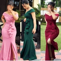 fashion prom mermaid dress for women party gown with ruffle sexy side split wine red evening boat long robes de bal in stock