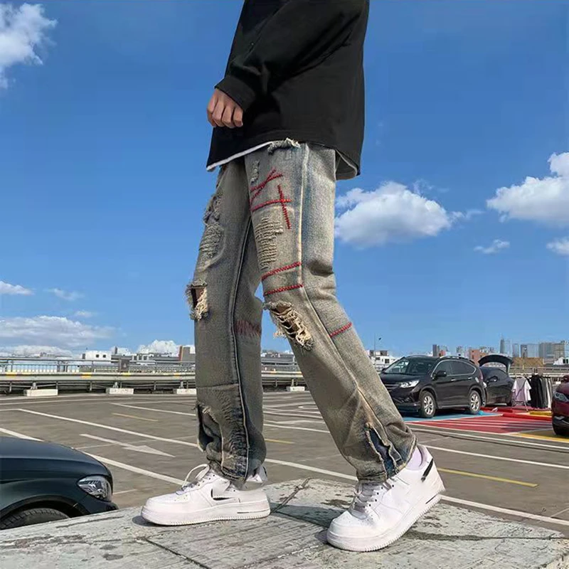 High Street Patch Fog Hole Jeans New Trendy Brand Design Sense NiChe Pants Fried Street Pants Men's Zipper Jeans For Men