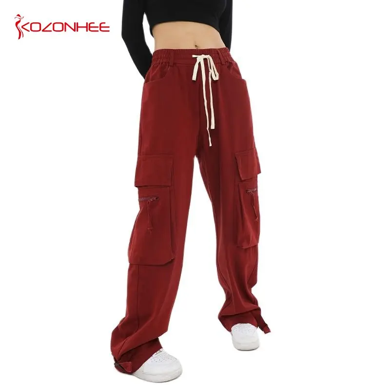 

High street zipper big pocket red frock slacks women's trousers