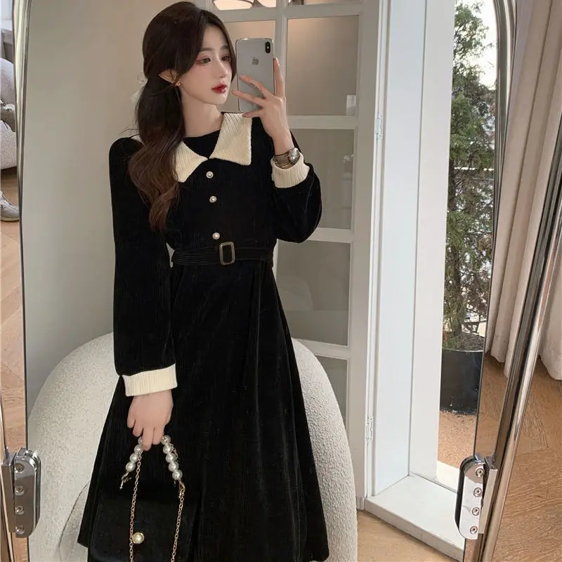 

French Retro Corduroy Small Fragrance Gentle High-end Dress Long Sleeves Unique Temperament Base Skirt Woman Dress Summer