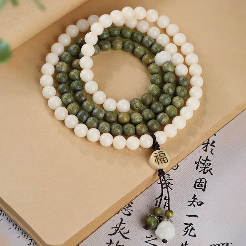 

SNQP Lingyue Pavilion White Jade Green Sandalwood Double Pin 108 Bodhi Hand Strings, Writing And Playing Plate, Men's Women's