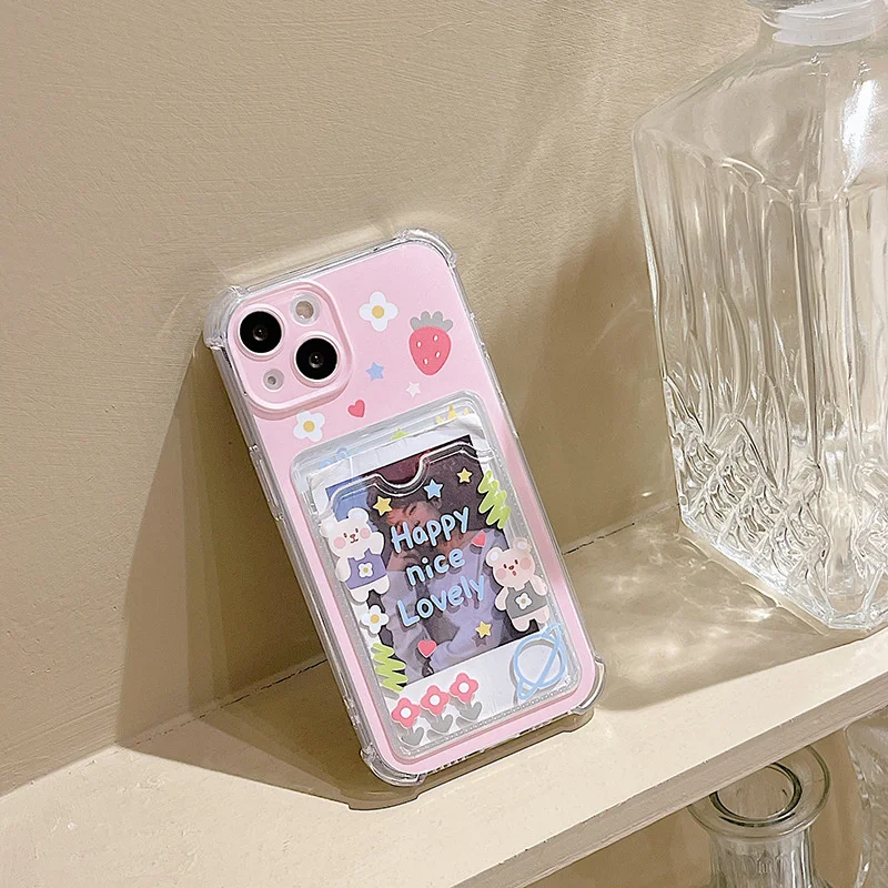 

Cute Cartoon Bear Strawberry Flowers Put Cards Silicone Soft Antiu-fall For iphone 11 12 13 Pro Max XR Xs 7 8 Plus Phone Case