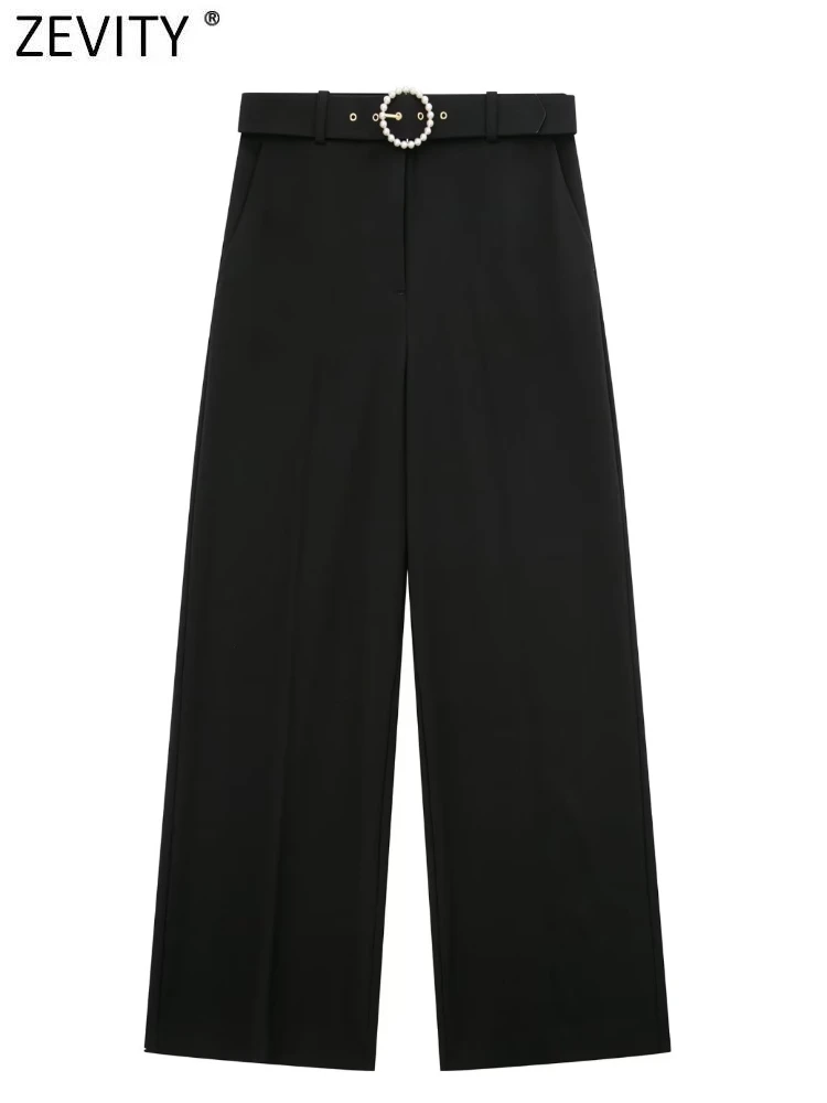 

Zevity 2022 Women Fashion Pearl Buckles Sashes Wide Leg Pants Office Lady Zipper Fly Female Business Long Trousers Mujer P2956