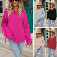 autumn winter women fashion loose sweater casual solid color round neck long sleeve tassel knit pullover