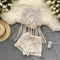 summer crochet two piece set beach outfits women sexy tassel strapless crop top hollow out lace embroidery shorts vacation suits