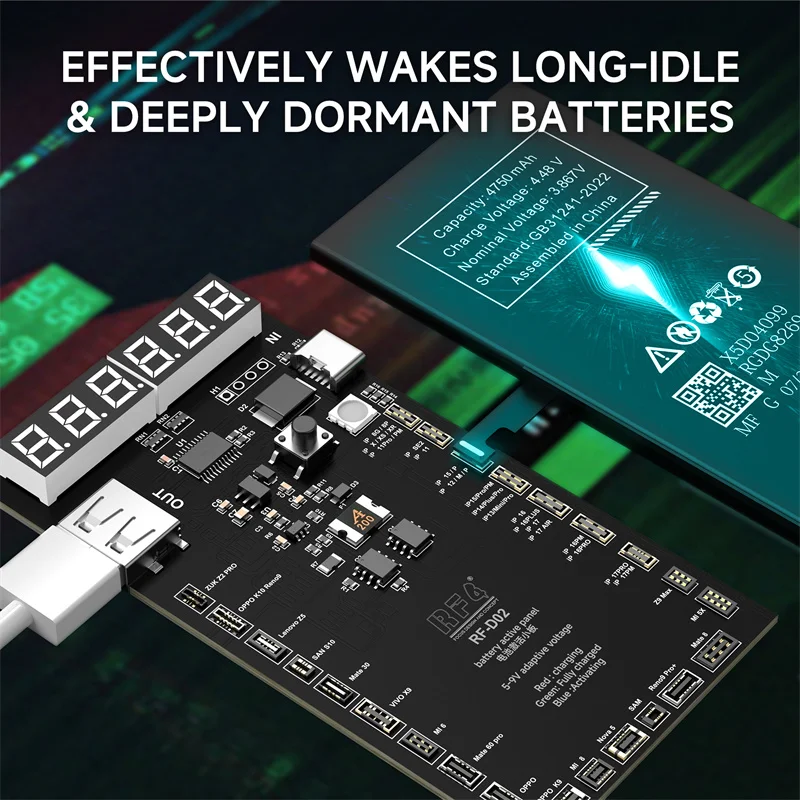 Фото RF-D02 Плата активации аккумулятора телефона, цифровой тестер напряжения и тока, источник питания Type-C для ремонта мобильных устройств IP и Android. №2