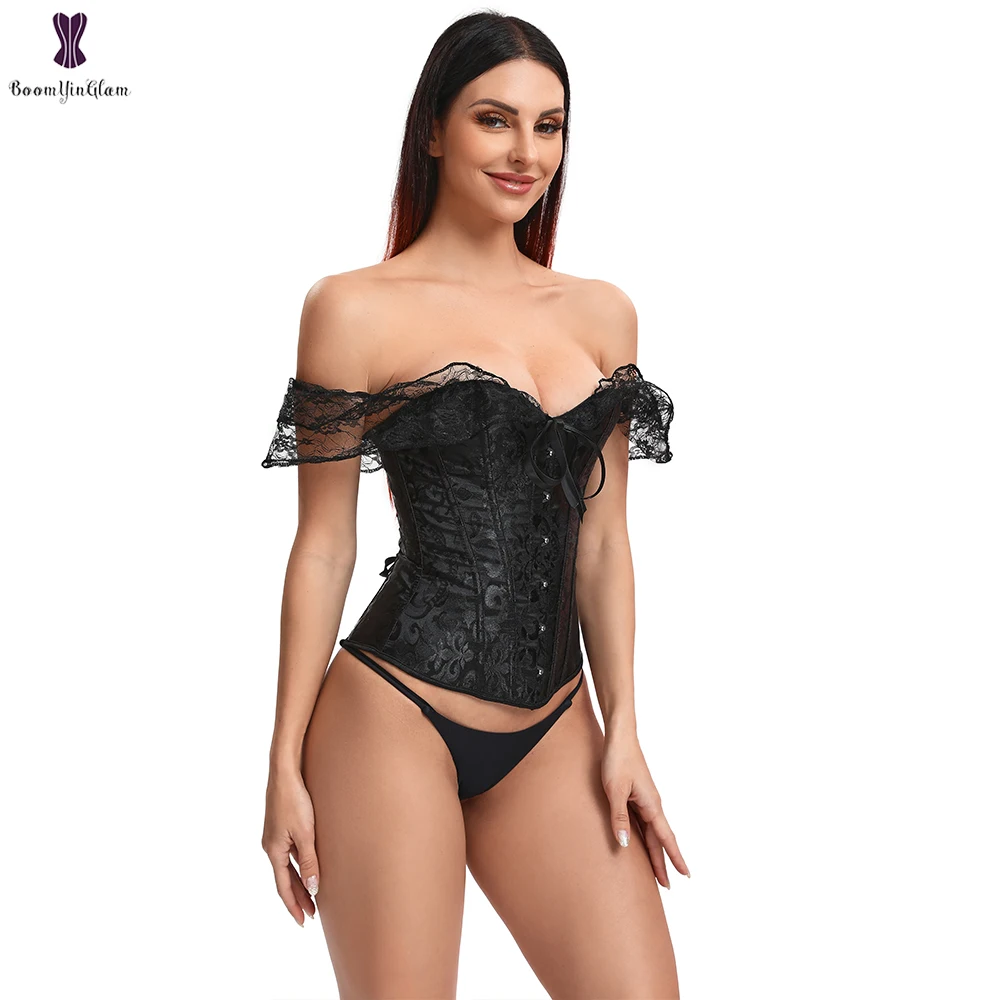 Women Lace Short Sleeve Corset White Black Red Waist Bustier Tops Overbust Korset