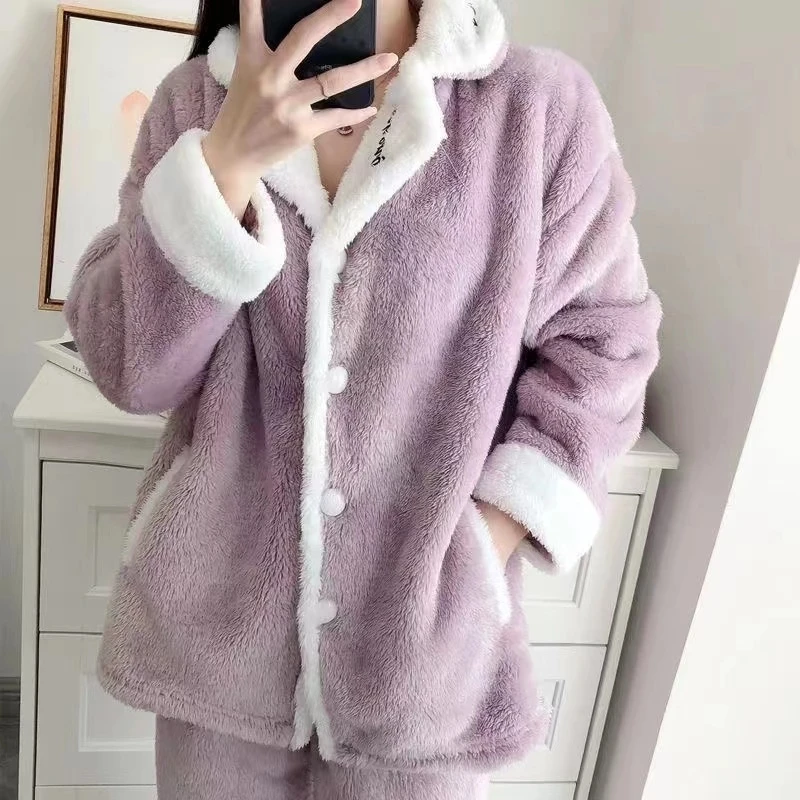 

Suits Women Embroidered Piece Autumn Letters Pajamas Flannel Two Thicken Sleepwear Set Homewear Pijama Set Warm New Winter Sweet