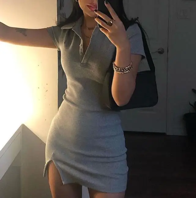 

Women Sexy Mini Skirts 2022 Short Sleeve High Slit Lady Dress Summer Fashion Buttons Cute Solid Color Party Clothing Streetwear