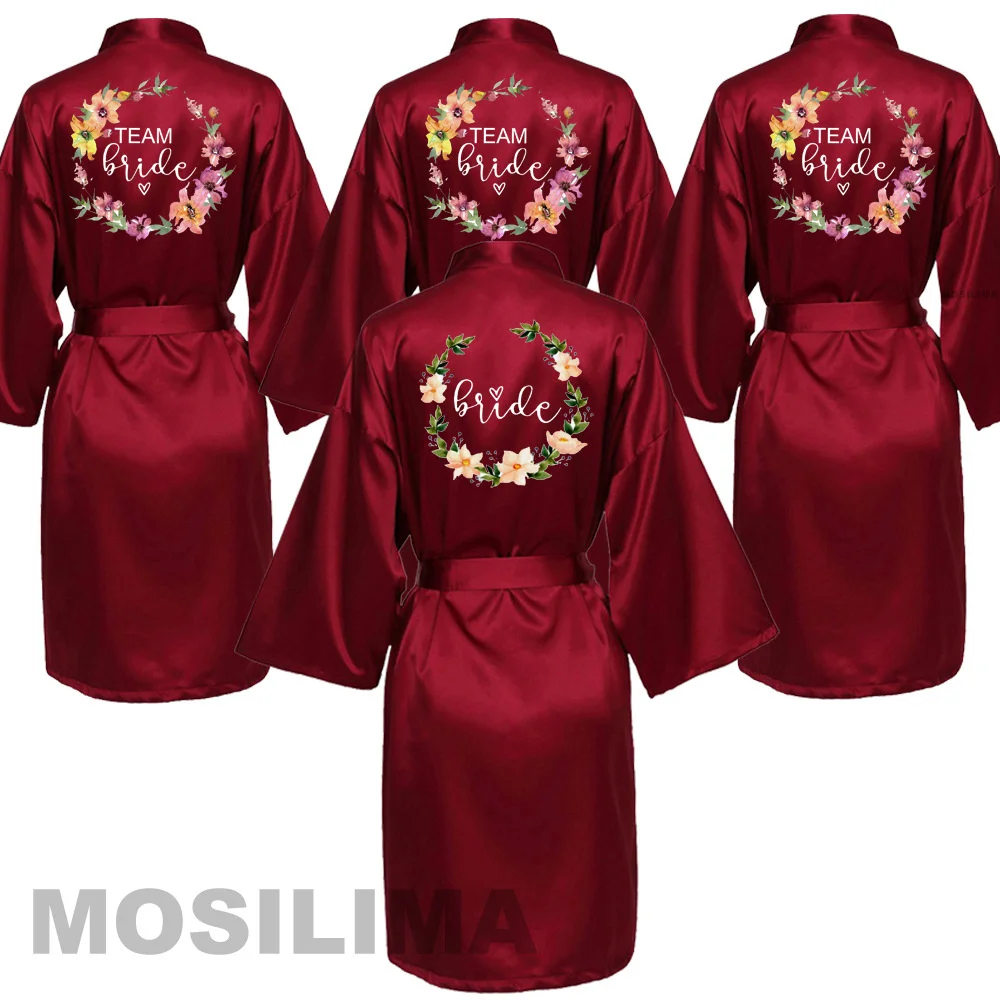 

Wedding Party Team Bride Robe With Black Letters Kimono Satin Pajamas Bridesmaid Bathrobe SP071