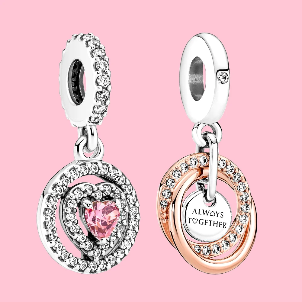 Pandora-Double Halo Coussins Dangle Charm for Women, Always Encercled Family, Rotterdam Kling, DIY Executive Bracelets Gifts, Mother's Day