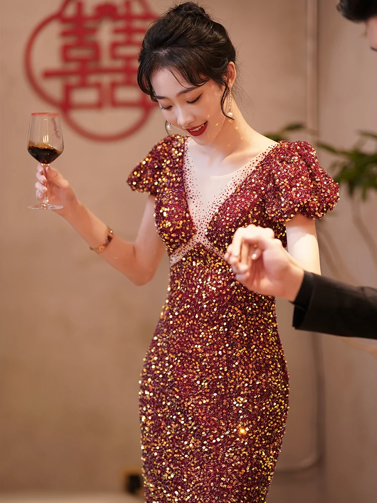 

Wine Red Sequin Mermaid Evening Dresses Bridal Wedding Reception Gowns Elegant V-Neck Floor-Length Long Spical Occasion Dresses