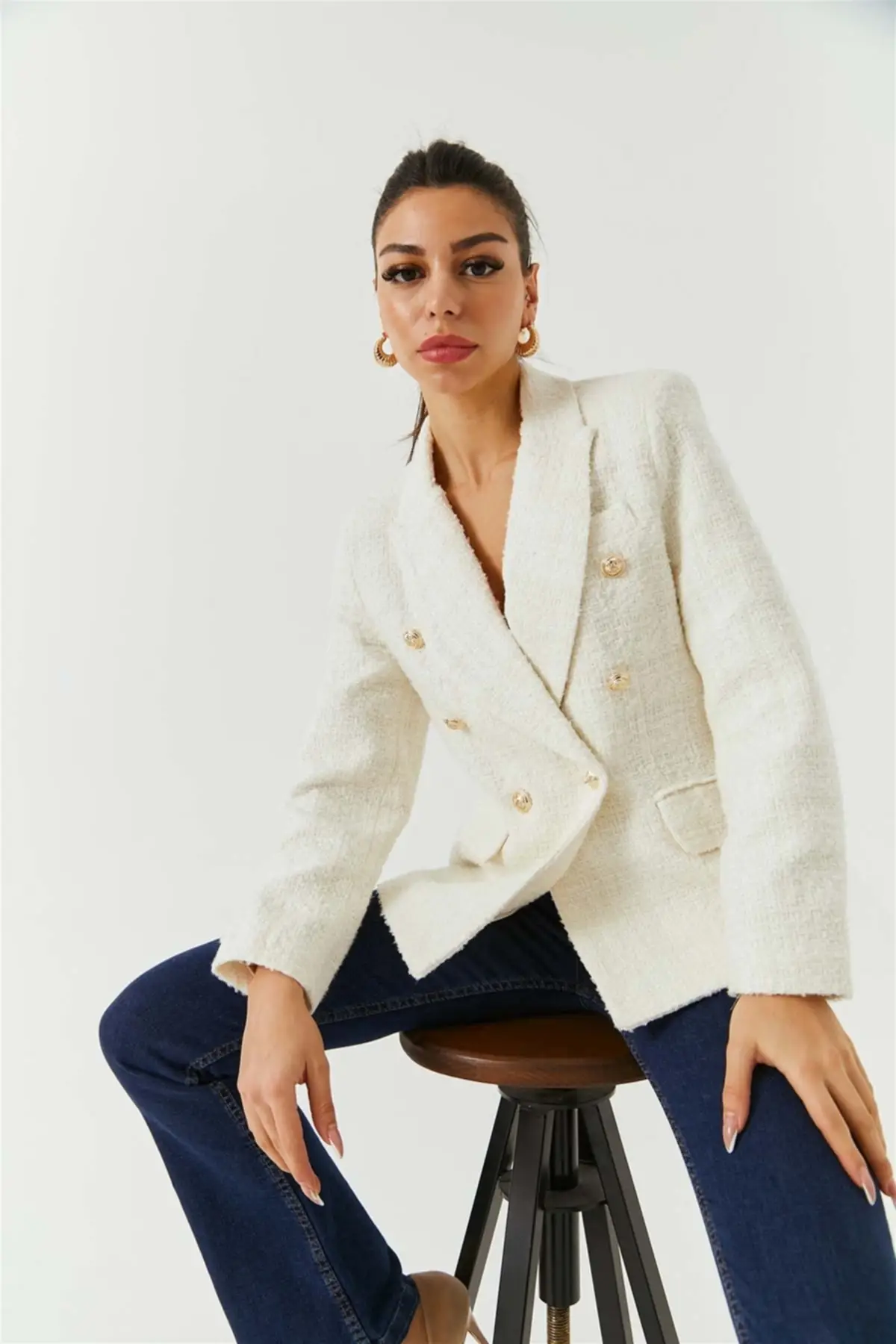 

Gold Button Double Breasted Tweed Ecru women's Jacket