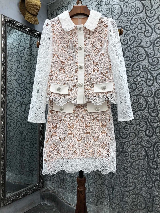

2022 new women fashion suit hollow water soluble short coat + slim skirt 2-piece set 814