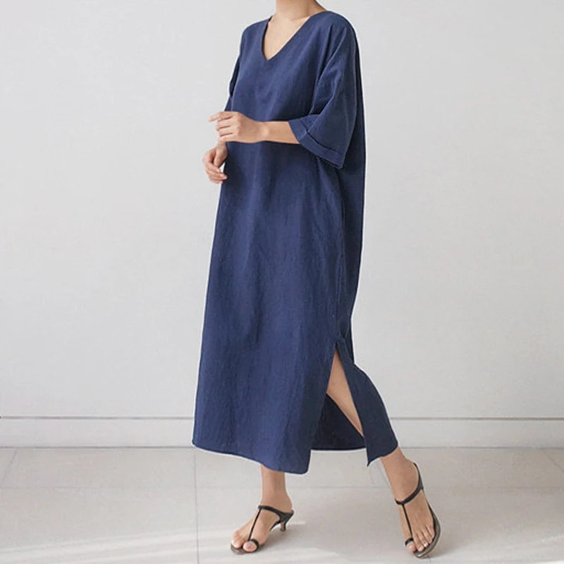 

Женское простое платье с V-образным вырезом Johnature, однотонное повседневное свободное платье с карманами и разрезом, 6 цветов, в Корейском стиле, для лета, 2023