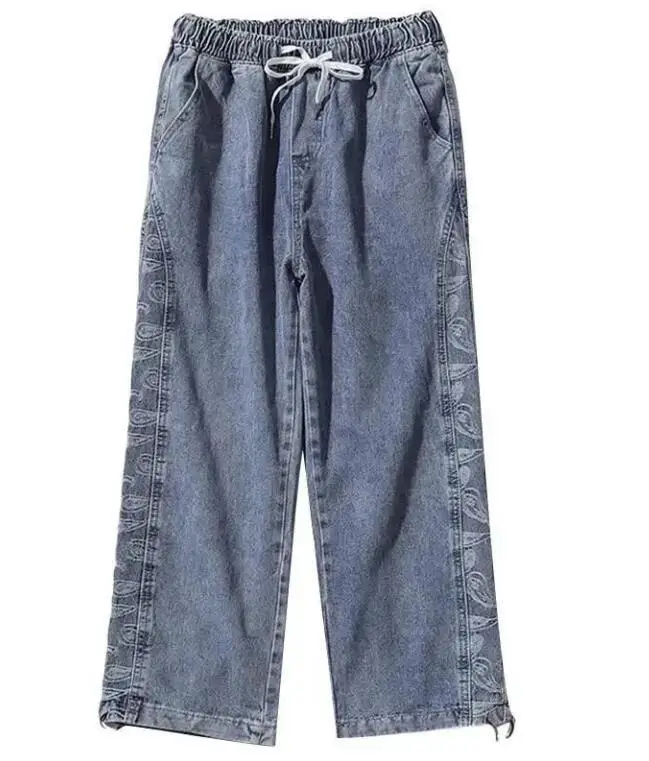 Cashew Pattern Jeans Men's Loose Straight Pants Elastic Waist Drawstring Denim TrousersCashew Pattern Jeans Men's Loose Straight
