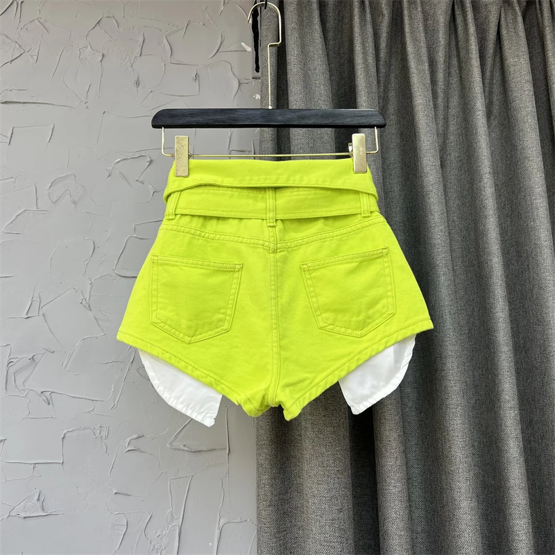 Fashion Cuffed High Waisted Shorts Wide Leg A-line Shorts Fluorescent Green Short Pants Women Pantalones Cortos De Mujer
