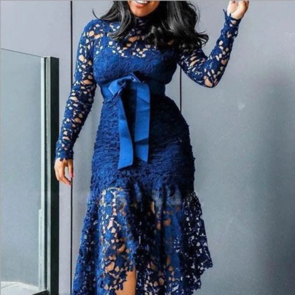 Женское кружевное платье с выдолбленным воротником-стойкой и галстуком 5 цветов