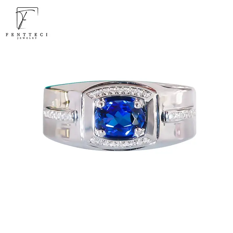 FENTTECI 925 Sterling Silver Domineering Sapphire Men's Ring Personality Inlaid Colorful Gem Diamond Wedding Ring Something Blue