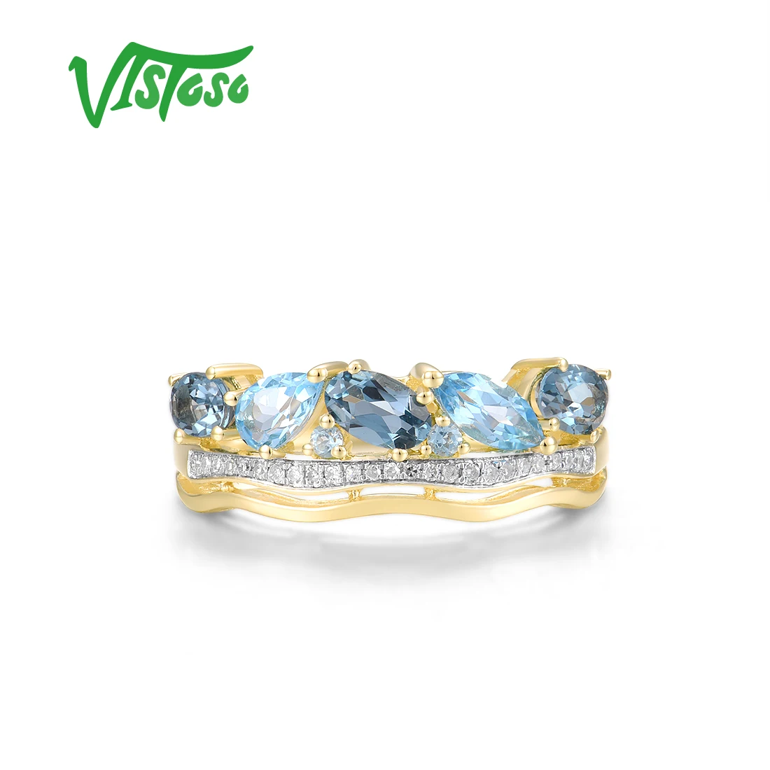 Женское золотое кольцо с голубым топазом VISTOSO желтое золото 14 к 585 пробы со