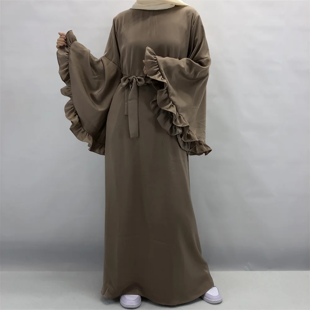 Dubai Flowy Abaya Big Ruffle Sleeve Islamic Clothing Muslim Women Zip Maxi Dress Flare Cuff Modest Shiny Soft Velvet Satin Cloth