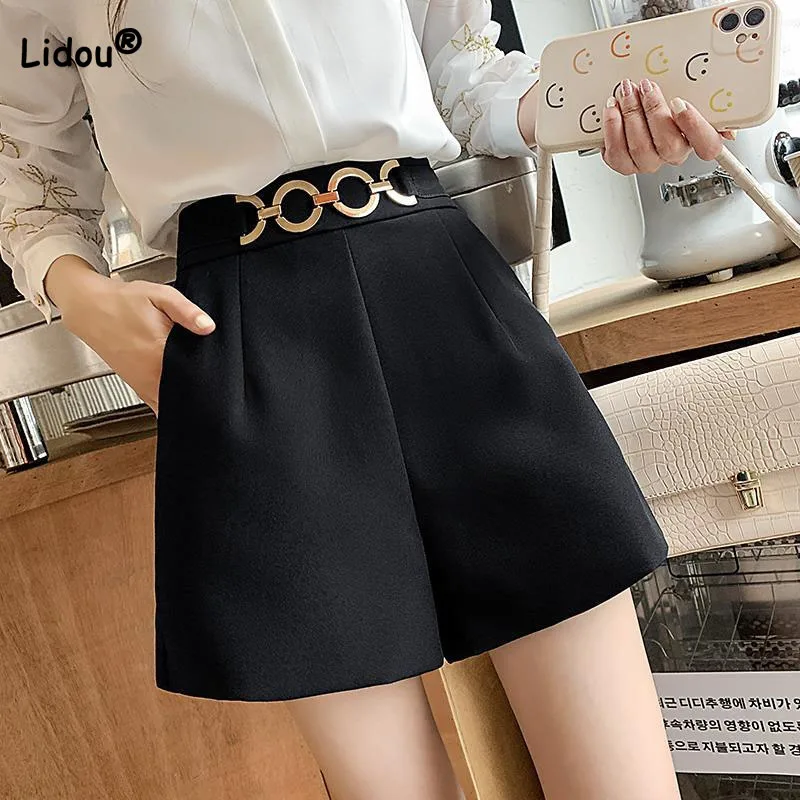 Office Lady Fashion High Waist A-Line Shorts Commute Summer Chic Metallic Splice Solid Color All-match Pants Women's Clothing