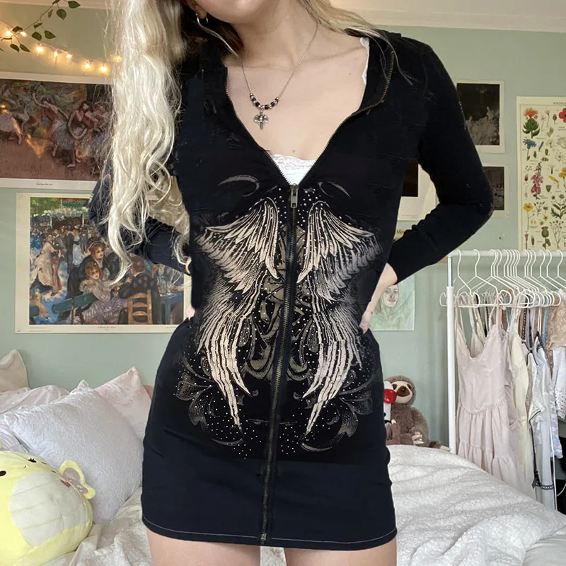 

Darlingaga Gothic Grunge Fairycore Wings Print Zip Hooded Body Dress Women's Spring Autumn Streetwear Y2K hoodie Mini Dresses