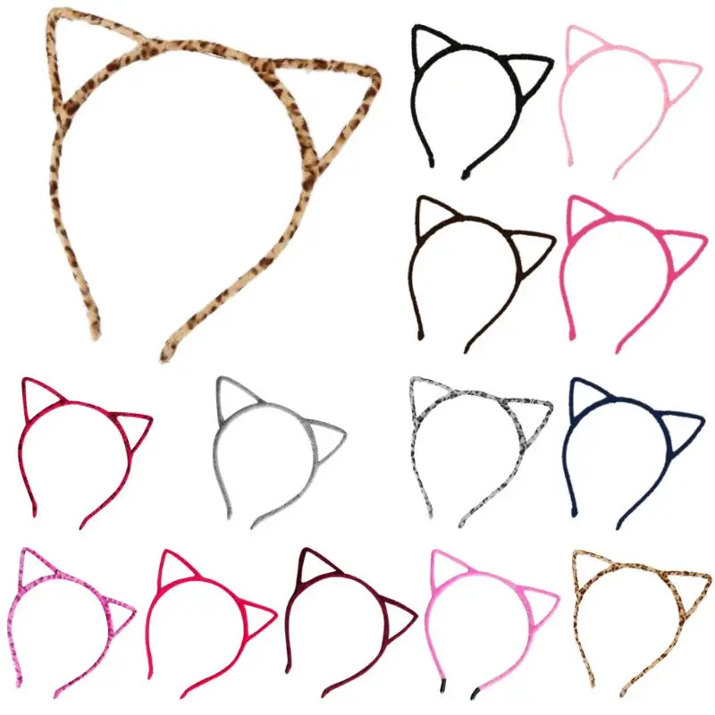 

Women Girls for Cat Ears Plush Headband Leopard Solid Elastic Hair Hoop Par